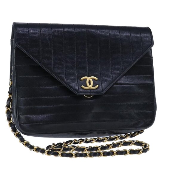 CHANEL Mademoiselle Chain Shoulder Bag Lamb Skin Black Gold CC Auth - Picture 1 of 1